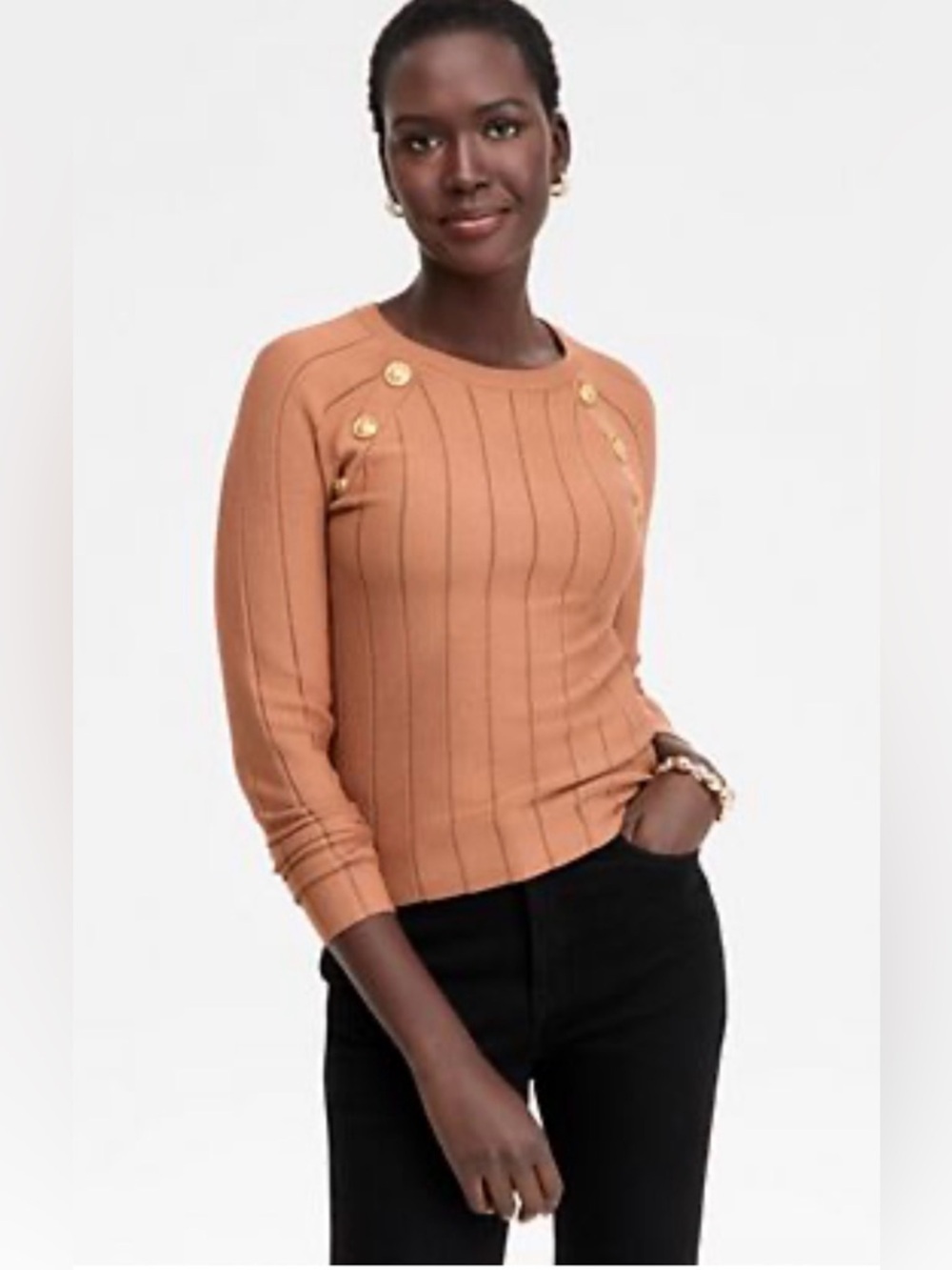 INC International Concepts Camel Ribbed Gold Button Shoulder Sweater Small